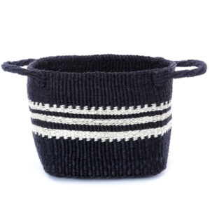 Black Square Bottom Sisal Basket with White Stripes