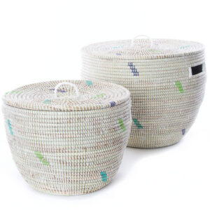 2-Piece White Nesting Baskets with Green & Blue Dash Pattern